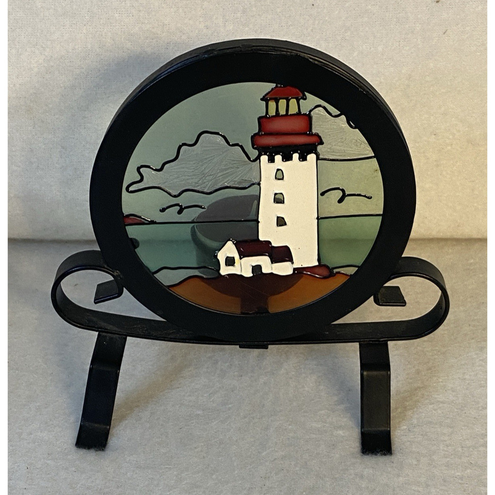 Nautical Lighthouse Painted Glass Black Metal Candle Tea Light Votive - READ